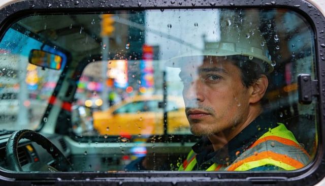 Construction worker sitting in truck cab through rain-soaked window with city taxi lights