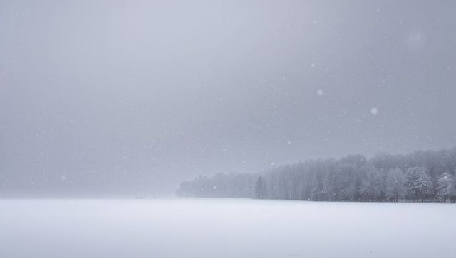 Minimalist snowfield extending to foggy forest edge with falling snow, winter calm