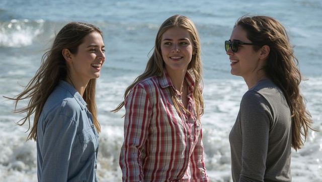 Smiling young women chatting at ocean shoreline wearing casual long-sleeve shirts