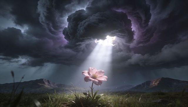 Single pink blossom reaching through storm vortex into radiant sunbeam over mountain meadow