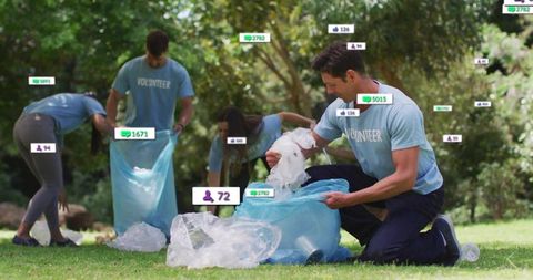 Volunteers Collecting Waste in Urban Park for Environmental Conservation