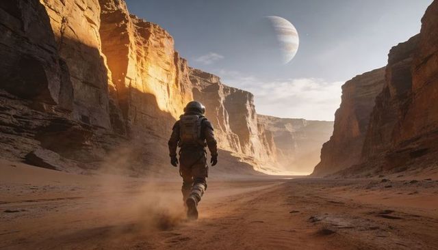 Walking astronaut through sunlit sandstone canyon toward distant gas giant alien planet
