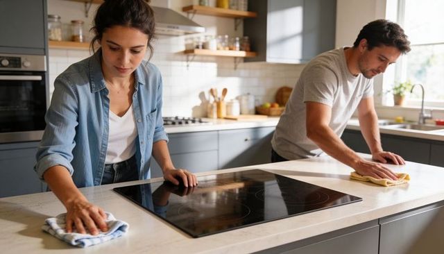 Couple cleaning kitchen island together wiping countertops and cooktop in modern daylight