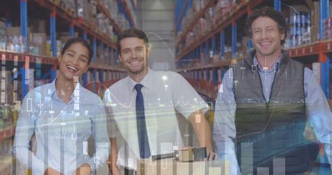 Diverse warehouse team merging technology and operations