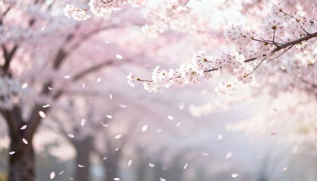 Falling cherry blossom petals over tree-lined pathway, pastel spring bokeh