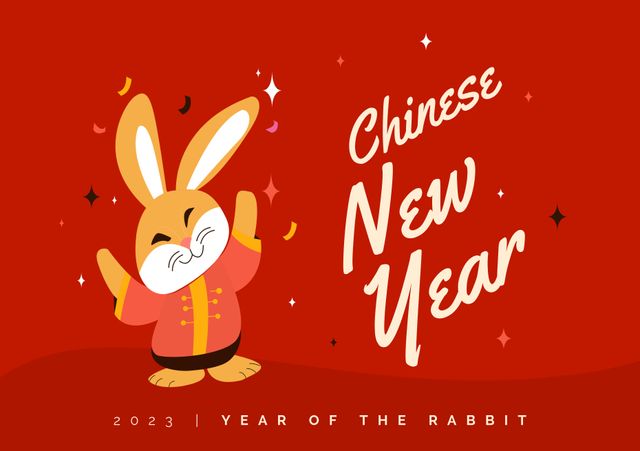 Composition of chinese new year text over rabbit on red background. Chinese new year, tradition and celebration concept digitally generated image.