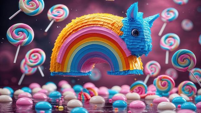 Colorful rainbow pinata with candy in whimsical setting