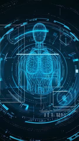 Vertical Futuristic Torso Scan Interface with Rotating Holographic Rings and Data Panels