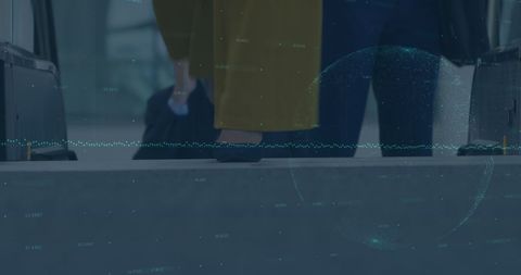 Businesspeople on Escalator with Financial Data Overlay