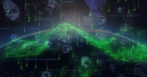 Neon Data Wave Visualizing Global Binary Network with Holographic Grid Glow, Cyberpunk HUD