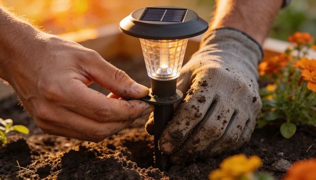 Installing solar stake light in flowerbed with gloved hands and marigolds at golden hour