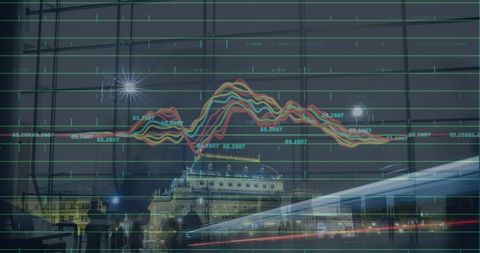 Digital Data Overlay on Night Cityscape with Financial Chart