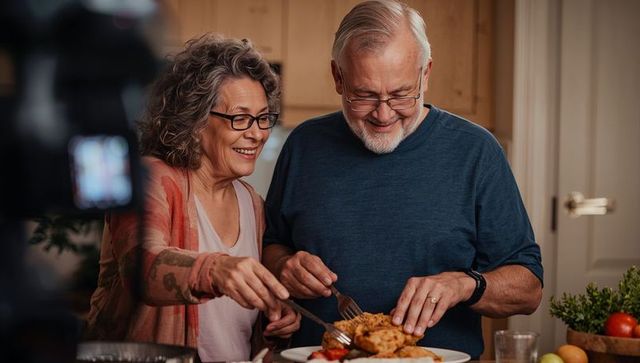 Seniors cutting roast chicken while filming cooking video in cozy home kitchen