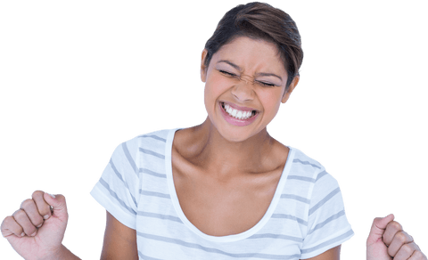 Cheerful Woman Celebrating Success with Clenched Fists, Isolated on Transparent Background - Download Free Stock Videos Pikwizard.com