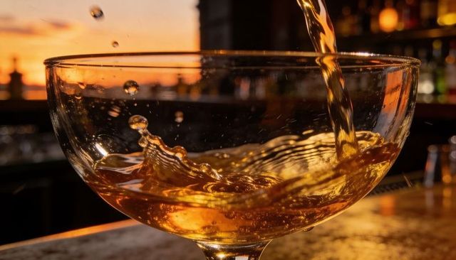 Pouring amber cocktail into coupe glass with sunset reflections and splash