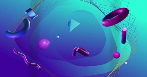 Vibrant 3d abstract geometry with floating purple torus and neon glossy gradient wireframe