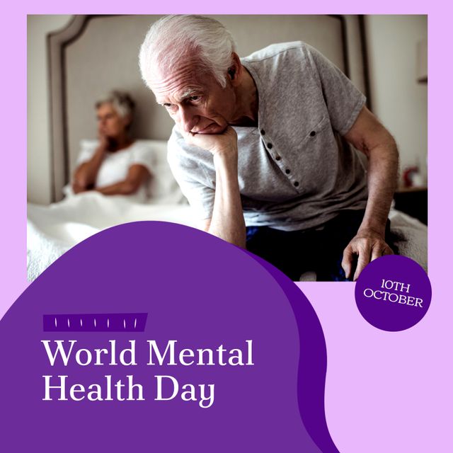 Elderly Caucasian man appears sad while sitting on bed, senior woman in background, promoting World Mental Health Day. Suitable for raising awareness about mental health issues among the elderly, mental health campaigns, support services, elderly care facilities, and World Mental Health Day events.