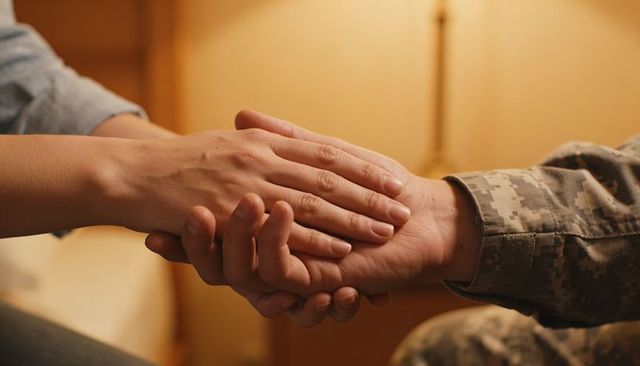 Veteran holding hands with partner offering comfort and support in warm lamp light