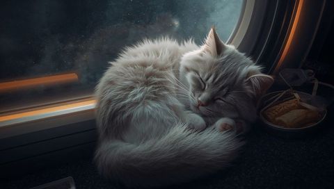 Sleeping cream-white cat curled by spaceship porthole window with soft rimlight and cozy vibe