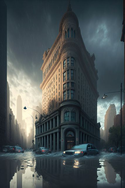 Depicts a historic building in a rainy urban setting. Perfect for illustrating stories about city life, weather, or architectural beauty. Suitable for blogs, articles, travel websites, or city guidebooks.