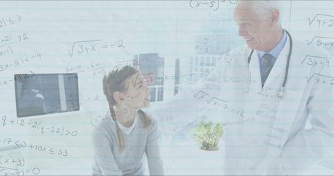 Pediatrician comforting child amidst medical equations and technology