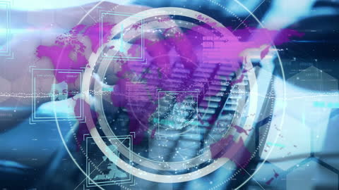 Hands Typing on Keyboard with Futuristic Digital Interface Overlay