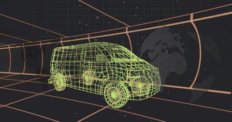 Futuristic Wireframe Van in Virtual Tunnel with Digital Globe