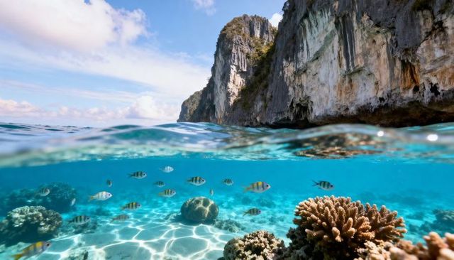 Over-under tropical lagoon with vibrant coral and striped fish by limestone cliffs in turquoise wate