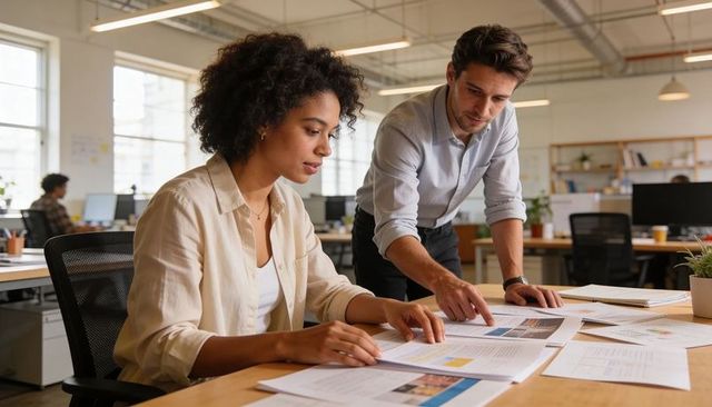 Colleagues reviewing reports and pointing at charts in modern open-plan office workspace