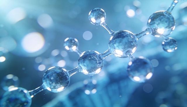 Glassy Molecular Chain Bending Light Over DNA Helix in Blue Scientific Futuristic Background