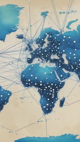 Vertical video mapping network connections across Europe and Africa with blue nodes