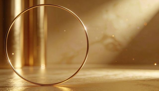Glowing golden hoop standing on polished reflective floor with cinematic diagonal light