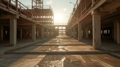 Sunlit urban construction site reflection