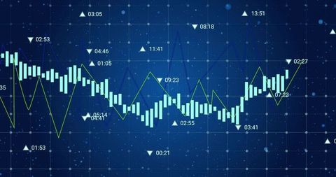 Digital financial data chart with candlestick line on blue grid
