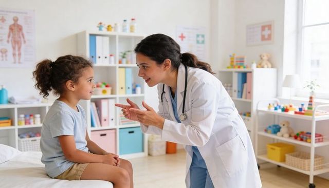 Female pediatrician smiling and talking with child on exam table in bright clinic room