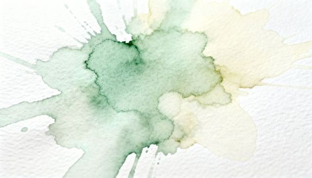 Green to pale yellow watercolor splash diffusing on textured cold-press paper