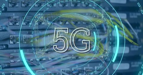 Futuristic 5g network rack showing ethernet patch panel, colorful cables, hud overlay
