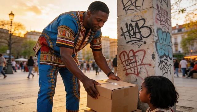 Sunset community kindness: man helping child with donation boxes in urban plaza