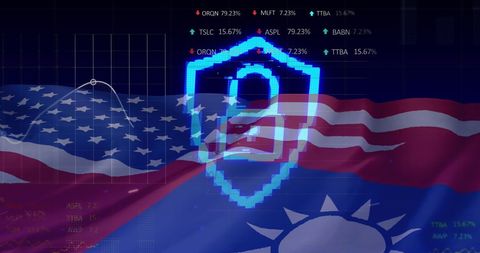 Digital Security Concept: Financial Data Overlapping US and Taiwan Flags