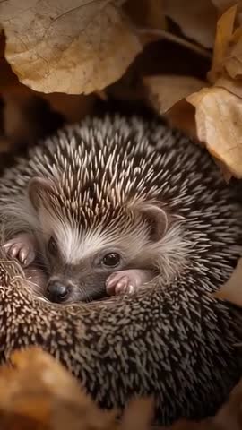 Hedgehog lifting head and paws from leaf nest, closeup revealing quills, vertical wildlife clip