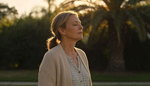 Mature woman soaking golden sunlight in garden at sunset wearing beige cardigan and pendant