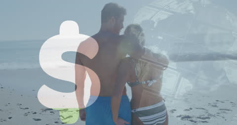 Couple Embracing on Beach with Financial Overlay Concept