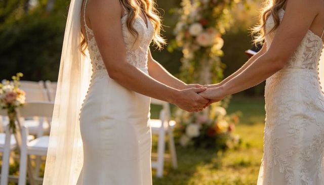 Two brides holding hands during sunlit outdoor wedding ceremony under floral arch