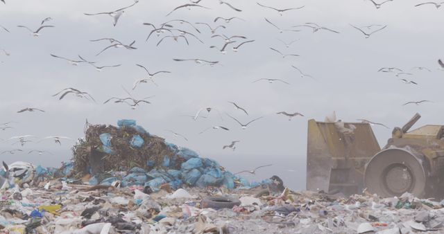 Seagulls flying over large landfill site near ocean with piles of trash and waste. Ideal for environmental awareness campaigns, articles on pollution and waste management, and discussions on the impact of littering on wildlife.