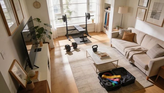 Sunlit minimalist living room gym with loaded bench, kettlebell, resistance bands