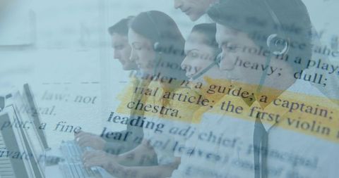 Call center team typing with headsets and leadership text overlay for customer service