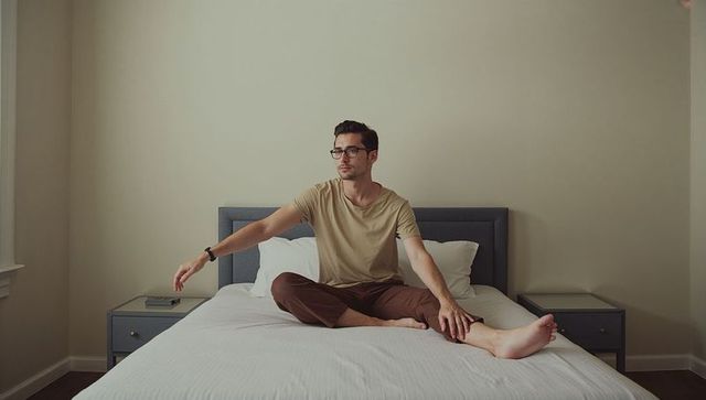 Young man sitting on bed in minimalist neutral bedroom wearing glasses and beige tee