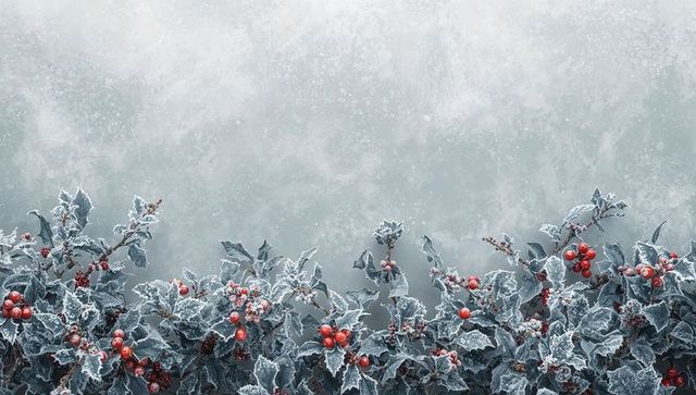 Frosted holly border with red berries and icy leaves on muted snowy winter backdrop