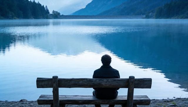 Man sitting on wooden bench by misty mountain lake, gazing over calm water and forest
