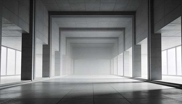 Minimalist concrete atrium corridor with symmetrical columns and monochrome perspective